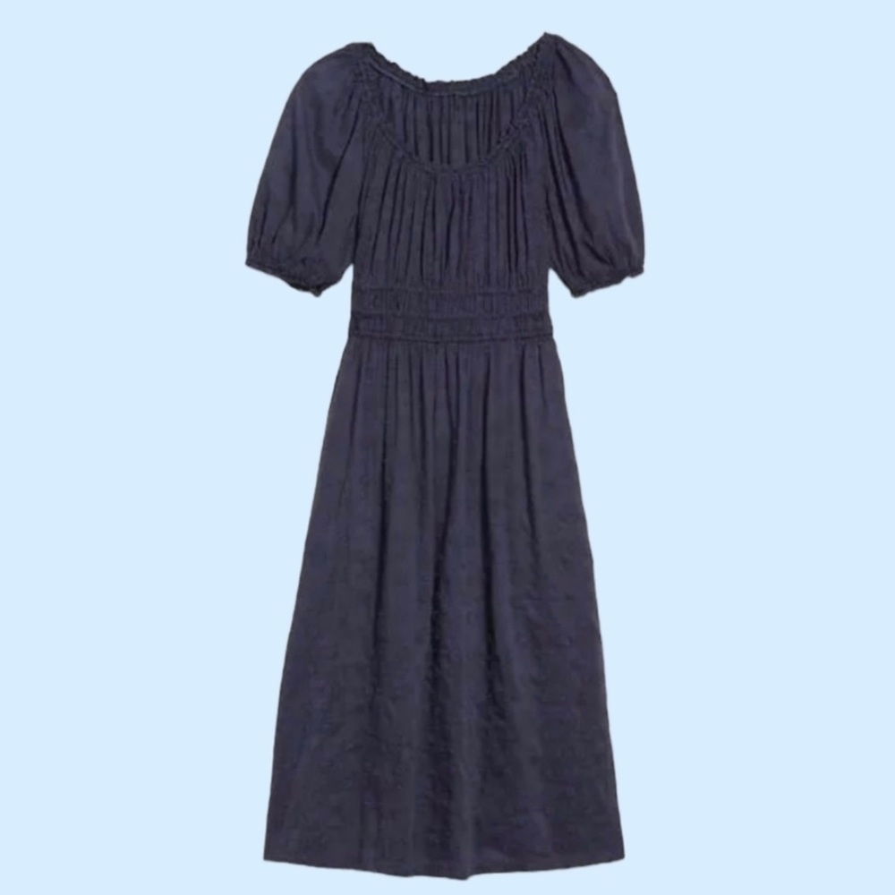 NWT Old Navy Cotton Embroidered Waist Defined Puff Sleeve Midi Dress